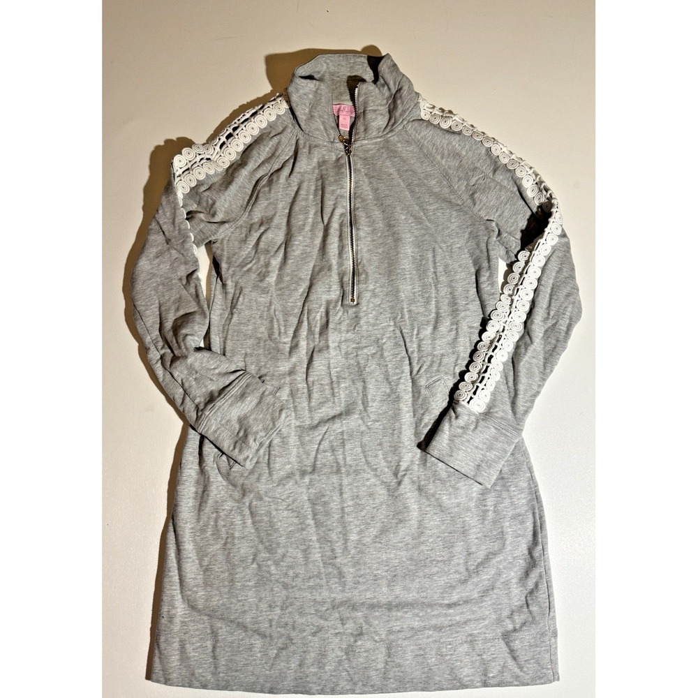 Lilly Pulitzer‎ Skipper Popover Dress Grey Long Sleeve Crochet Pockets XS